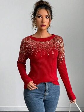 Women's Sequin Decor Crew Neck Christmas Sweater For New Year Clothes
